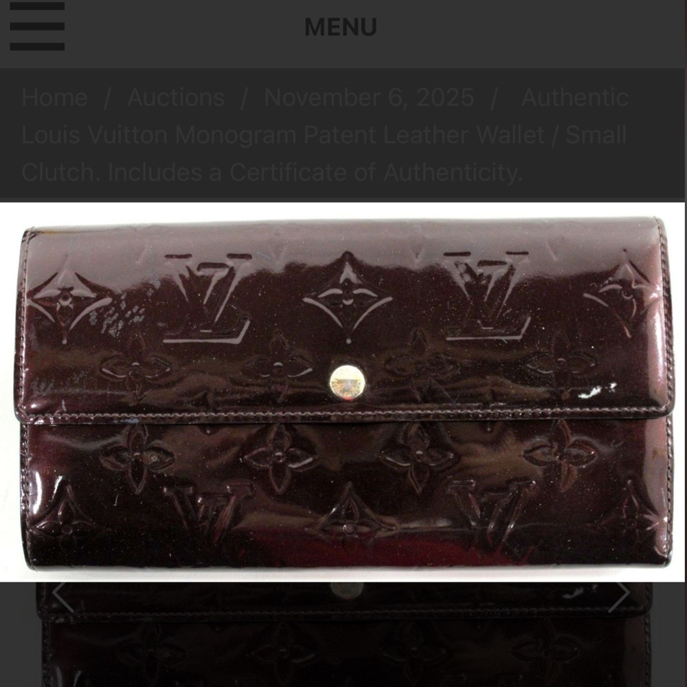 Authentic Louis Vuitton Monogram Patent Leather Wallet / Small Clutch With Coa